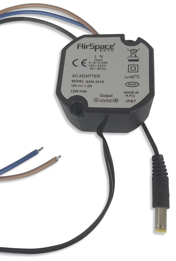 Regulated power supply for outdoor. 100-240V AC input. 12V DC / 1A output. IP67